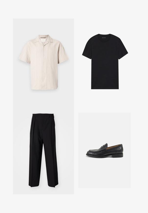 Lühikeste varrukatega heledat beeži värvi nööpidega särk, millel on vertikaalsed valged triibud. Omab klassikalist kraed ja vabamat lõiget, valmistatud pehmest materjalist.; Mustalane puuvillane t-särk lühikeste varrukatega ja ümarate kaelustega. Kangas on sileda tekstuuriga ja lihtsa, ühtlase disainiga.; Mustad volditud püksid sirge ja laia säärega disainiga. Valmistatud siledast kangast, millel on nuppudega sulgemine ja vööaasad.; Mustad mustad nahast loafers, sujuva viimistlusega, ümar sirge ja dekoratiivne tikand peal. Madal ja kergelt kuhjatud konts ning kerge läige.