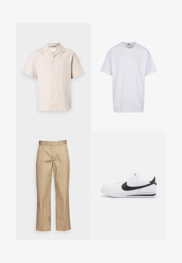 Korte mouwen overhemd met knopen in lichtbeige met verticale witte strepen. Beschikt over een klassieke kraag en een ontspannen pasvorm, gemaakt van zachte materialen.; Witte katoenen t-shirt met korte mouwen, ronde hals, relaxte pasvorm en zonder zichtbare logo's of patronen. Gladde textuur en minimalistisch ontwerp.; Khaki broek met een recht model, gemaakt van stevig materiaal, met een gladde textuur en dubbele plooien aan de voorkant voor extra detail.; Witte leren sneakers met zwarte Nike swoosh, platte veters en een getextureerde rubberen zool. Ronde neus en gevoerde kraag voor comfort.