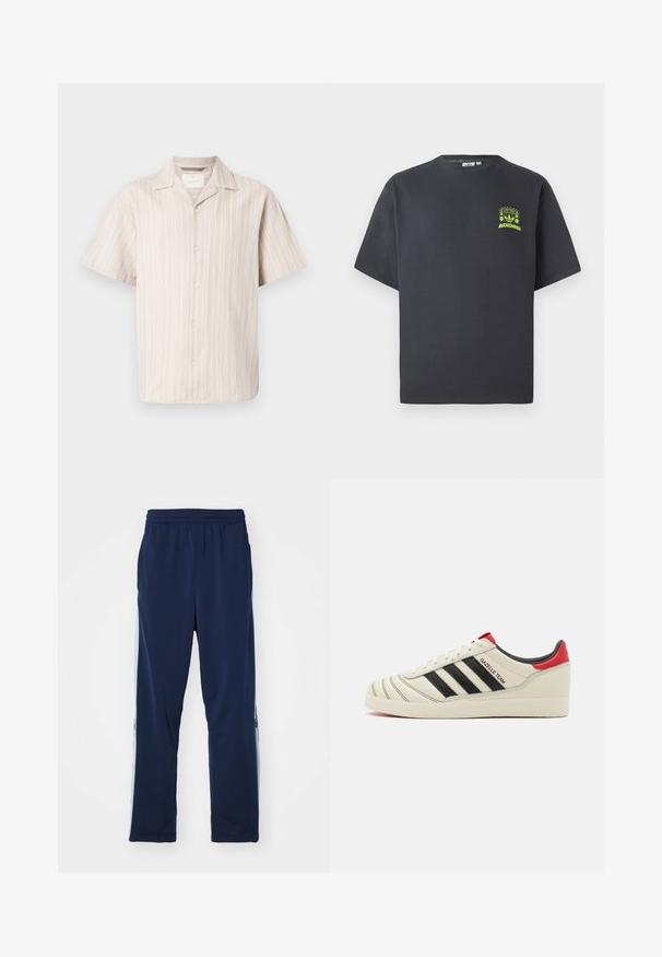 Šviesiai smėlinis trumpomis rankovėmis mygtukinis marškinys su vertikaliomis baltomis juostelėmis. Turi klasikinį apykaklę ir laisvą siluetą, pagamintas iš minkštos medžiagos.; Anglies pilkos spalvos Adidas marškinėliai trumpomis rankovėmis su mažu neoninės žalios spalvos grafikų, vaizduojančiu garsiakalbius, saulę ir Adidas logotipą, kairėje krūtinės pusėje.; Jūros laivyno sportinės kelnės, pagamintos iš tamprios medžiagos, turinčios plačią elastingą juosmenį, tiesų kirpimą ir lengvus šoninius panelių akcentus su logotipais.; Kremo spalvos odiniai sportbačiai su juodomis juostelėmis, raudonais kulno akcentais ir tekstūruotais detalėmis. Yra gumatė padas ir raištelių uždarymas.