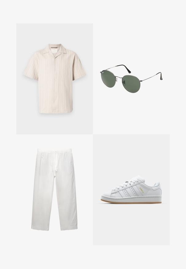 Kratkoročna srajca z gumbi v svetlo bež barvi z navpičnimi belimi črtami. Ima klasičen ovratnik in sproščen kroj, izdelana je iz mehkega materiala.; Bela bombažna majica s kratkimi rokavi, okroglo izrezana in udobnega kroja. Gladka tekstura brez vidnih vzorcev ali dekoracij.; Bela lanena hlača z elastičnim pasom in vrvico, širokega kroja in čistimi šivi. Gladka tekstura s sproščenim krojem.; Bela teniska z perforirano trojno črto, teksturiranimi detajli, gumijastim podplatom in zlatim logotipom "CAMPUS" na strani.; Sončna očala z ovalnimi zelenimi lečami v kovinskem okvirju. Tanjši srebrni kovinski okvir in črne ušesne konice. Minimalistična zasnova, brez vidnih logotipov.