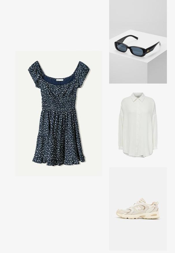 White, crinkled button-up shirt with a collar, featuring long sleeves and a relaxed fit, textured fabric, and button closure down the front.; Navy blue dress with white floral pattern, smocked bodice, short puff sleeves, and flared skirt ending in a ruffled hem.; Beige athletic shoes with mesh and synthetic overlays, featuring a textured surface, padded collar, and "ABZORB" cushioning at the heel.; Black rectangular sunglasses with tinted blue lenses, thick frames, and a gold circular accent on the side. Sleek, shiny finish.; Necklace featuring elongated, translucent shell-shaped beads in pale pink and cream, separated by small gold-tone metal accents.