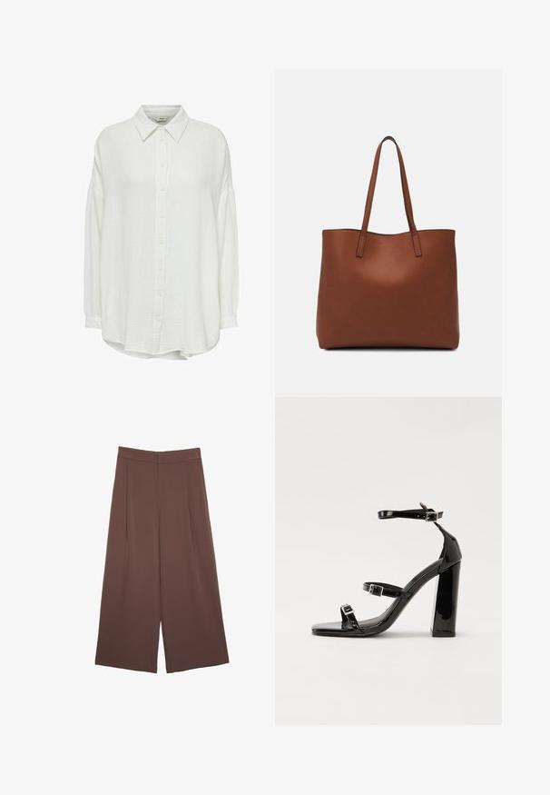 Camicia button-up bianca, stropicciata, con colletto, maniche lunghe e vestibilità rilassata, tessuto testurizzato e chiusura con bottoni sul davanti.; Pantaloni ampi marroni con una texture liscia, caratterizzati da una vita alta e pieghe frontali. Il tessuto è leggero e scorre liberamente.; Sandali con tacco in vernice nera, con punta squadrata, cinturini alla caviglia e fibbie in argento. Presentano un tacco a blocco spesso per maggiore stabilità.; Borsa tote in pelle marrone con texture liscia, design con apertura superiore e due spallacci. Presenta cuciture minime e nessun hardware visibile.