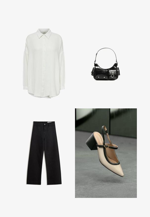 Camicia button-up bianca, stropicciata, con colletto, maniche lunghe e vestibilità rilassata, tessuto testurizzato e chiusura con bottoni sul davanti.; Pantaloni in denim neri a gamba larga con vita alta, dotati di tasche anteriori e posteriori, cuciture a punto, e chiusura con bottone. Texture liscia.; Scarpa beige con punta a stivale, con rifiniture nere, fibbia dorata e tacco a blocco spesso su un pavimento grigio con sfondo verde scuro.; Borsa a spalla in vernice nera con forma curvata, una tracolla, tasche frontali e dettagli in metallo argentato.