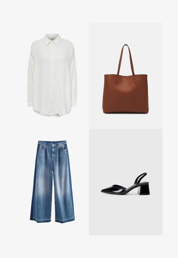 Balta, krunkāta pogārā krekls ar apkakli, ar garām piedurknēm un brīvu piegriezumu, teksturēts audums un pogu aizdare priekšpusē.; Platīgie džinsi gaiši līdz vidēji zilā krāsā, ar nodilušu apdari, klasiskām kabatām un pogu aizdari. Izgatavoti no izturīga kokvilnas materiāla.; Melna lakota āda ar atvērto papēdi, ar smailu purngalu un ģeometrisku blokpapēdi. Iezīmējas elegants, minimāls dizains un gluda tekstūra.; Brūna ādas iepirkumu soma ar gludu tekstūru, atvērta augšdaļa un divas plecu siksnas. Izceļas ar minimālām šuvēm un redzamu aparatūru nav.