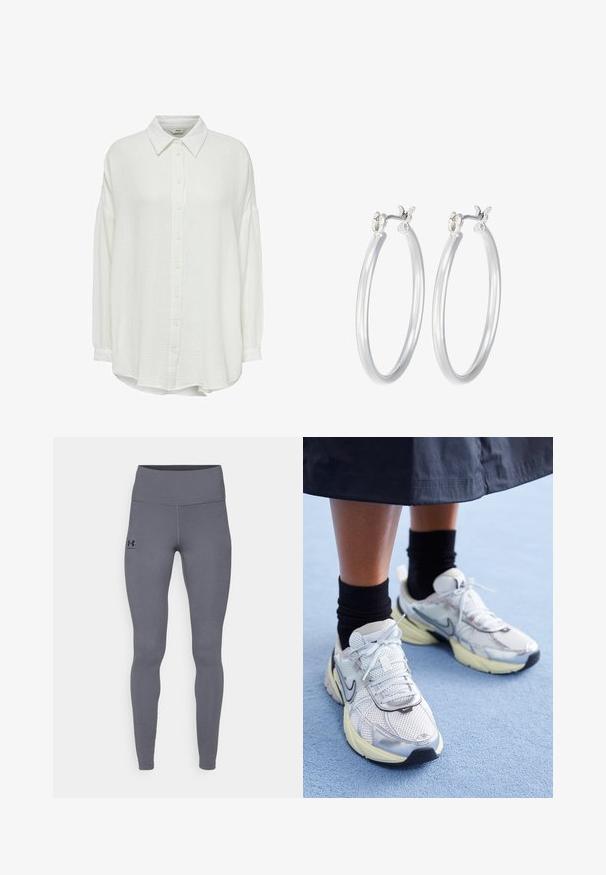Biely, krčený košeľový top s golierom, s dlhými rukávmi a voľným strihom, textúrovaná látka a zapínanie na gombíky vpredu.; Sivé športové legíny vyrobené z hladkého, elastického materiálu. Vysoký pás a priliehavé nohy. Čierne logo na ľavom boku. Žiadne viditeľné švy.; Biele a strieborné Nike tenisky s mrežovou textíliou, reflexnými akcentmi a béžovou podrážkou. Nosené s čiernymi ponožkami, stojace na modrom povrchu.; Strieborné kruhové náušnice s hladkým, lesklým povrchom. Kolový tvar a bezpečné klikanie na uzatváranie. Ľahký dizajn vhodný na každodenné nosenie.