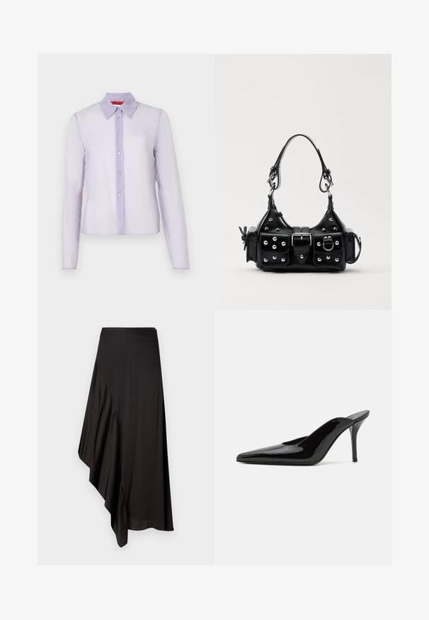 Jasnofioletowa, długa koszula z długim rękawem, wykonana z przezroczystego materiału, z klasycznym kołnierzykiem, zapinana na guziki z przodu, o subtelnej fakturze.; AERON ASTER czarny; Czarne lakierowane mule na wysokim obcasie z wąskim noskiem i elegancką sylwetką, charakteryzujące się otwartym tyłem i smukłym szpilką.; Czarna skórzana torebka w zakrzywionym kształcie, z srebrnymi ćwiekami, klamrą i dwoma bocznymi kieszeniami. Regulowany pasek umożliwiający różne opcje noszenia.; Srebrne kolczyki o spiczastym wzorze; jeden kolczyk ma kształt litery C, połączony łańcuszkiem z okrągłym kółkiem z kolcami.