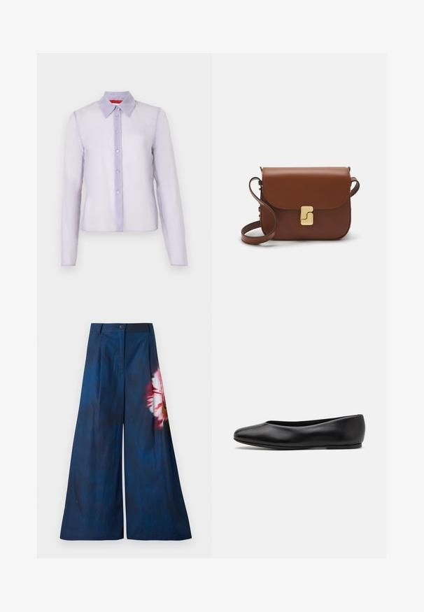 Light purple, long-sleeve shirt made of sheer fabric with a classic collar, front button closure, and subtle texture.; Wide-leg trousers in dark navy fabric, featuring a floral print in pink and yellow on one side, with a button closure at the waist.; Paul Smith TOPANGA - Ballet pumps - black; Brown leather handbag with a flap closure, gold-tone hardware, a shoulder strap, and a smooth texture. Compact rectangular shape.