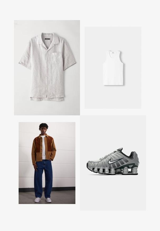 Krátky rukáv, svetlošedá ľanová košeľa s vykrojeným golierom, prednou kapsičkou a štyrmi gombíkmi uprostred. Hladká textúra, voľný strih.; Biely bavlnený tielko s okrúhlym výstrihom, širokými ramennými popruhmi a rovnom spodným lemom, ktoré má hladkú textúru a žiadne viditeľné vzory.; Muž stojí vo vnútorných priestoroch, oblečený v hnedých kordových sako so sivými škvrnami, biele tričko, voľné modré džínsy a biele tenisky.; Sivé a čierne bežecké topánky Nike s viditeľným odpružením podobným pružine pod podrážkou a bielym logom swoosh na boku.