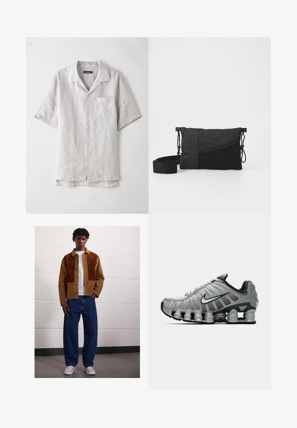 Hemd aus leichtem grauem Leinen mit kurzen Ärmeln, spitzem Kragen, Fronttasche und vier Knöpfen in der Mitte. Glatte Textur, lockere Passform.; Weißes Baumwoll-Trägershirt mit Rundhalsausschnitt, breiten Trägern und geradem Saum, das eine glatte Textur aufweist und keine sichtbaren Muster hat.; Mann steht drinnen und trägt eine braune Cordjacke mit Rostflecken, ein weißes T-Shirt, lockere blaue Jeans und weiße Sneakers.; Grauer und schwarzer Nike-Laufschuh mit sichtbarer federähnlicher Dämpfung unter der Sohle und einem weißen Swoosh-Logo an der Seite.; Schwarze Schultertasche aus strukturiertem Stoff, mit diagonaler Gestaltung, verstellbarem Riemen und Kordelzugverschluss an den Seiten.