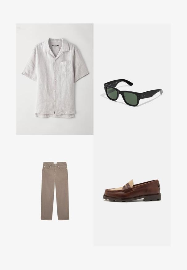 Krátky rukáv, svetlošedá ľanová košeľa s vykrojeným golierom, prednou kapsičkou a štyrmi gombíkmi uprostred. Hladká textúra, voľný strih.; Biely bavlnený tielko s okrúhlym výstrihom, širokými ramennými popruhmi a rovnom spodným lemom, ktoré má hladkú textúru a žiadne viditeľné vzory.; Hnedé nohavice s rovnými nohavicami so systémom piatich vreciek, kovovým hardvérom a hladkou textúrou. Tkanina má jemný, rovnomerný vzor.; Hnedé kožené loafers so taupe plátnovým akcentom, prešívaním a textúrovanou gumovou podrážkou navrhnutou pre pohodlie a trvácnosť.; Čierne obdĺžnikové slnečné okuliare so zelenými šošovkami, matný povrch, subtilné detaily a embosovaný logo na stranici.