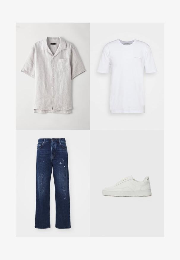 Hemd aus leichtem grauem Leinen mit kurzen Ärmeln, spitzem Kragen, Fronttasche und vier Knöpfen in der Mitte. Glatte Textur, lockere Passform.; Weißes T-Shirt mit kurzen Ärmeln aus Baumwolle, mit Rundhalsausschnitt und einem kleinen aufgedruckten Logo auf der linken Seite. Glatte Textur, lässige Passform.; Dunkelblaue Denim-Jeans mit losem Schnitt, geraden Beinen und weißen Farbspritzern auf der Vorderseite. Klassisches Fünf-Taschen-Design.; Weiße Ledersneaker mit glatter Oberfläche, runder Zehenpartie, flachen Schnürsenkeln und strukturiertem Sohlenprofil. Mit einem dezenten Logo an der Ferse.