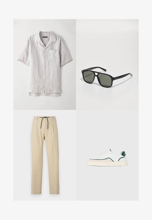 Lyhythihainen, vaaleanharmaa pellavapaita, jossa on kärjellinen kaulus, etutasku ja neljä nappia keskellä. Sujuva pinta, rento istuvuus.; Harmaat housut suoran istuvuuden omaavat, varustettuna narukiristyksellä vyötäröllä, laskostetulla edessä ja sileällä pinnalla. Yksinkertainen, monikäyttöinen muotoilu.; Valkoiset matalat tennarit, joissa on vihreät yksityiskohdat, beige mokkajäljitelmä ja kermaisenvärinen pohja, jossa on uritettu pinta.; Mustat suorakulmaiset aurinkolasit, joissa on vihreät linssit, kiiltävä kehys, metalliosat ja kultainen logoaksentti tempura.