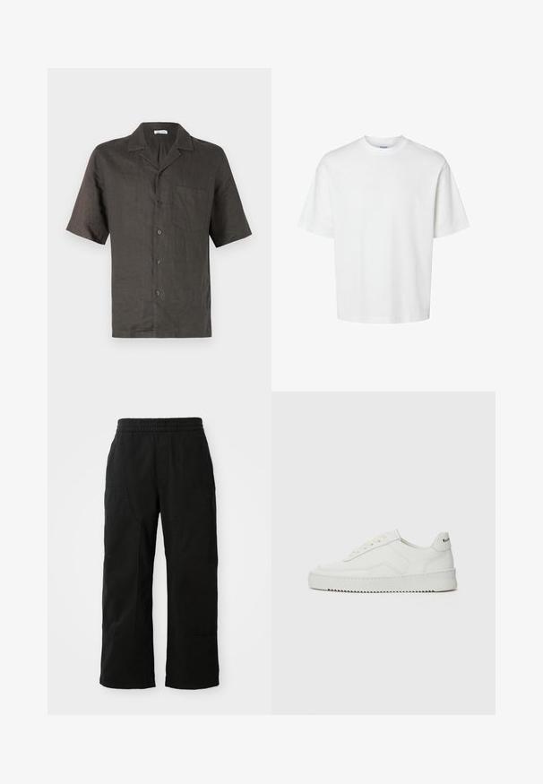 Camisa de manga curta e colarinho em linho cinza escuro, com um bolso no peito e fecho frontal com botões. Textura suave, ajuste relaxado.; T-shirt branca de algodão com mangas curtas, decote redondo e um corte solto. Textura suave sem padrões ou detalhes visíveis.; Calças de algodão pretas com cintura elástica, design de perna larga e grandes bolsos laterais. O tecido parece suave com uma textura lisa.; Sapatilha de couro branco com acabamento suave, bico redondo, atacadores planos e uma sola texturizada. Apresenta um logotipo discreto no calcanhar.