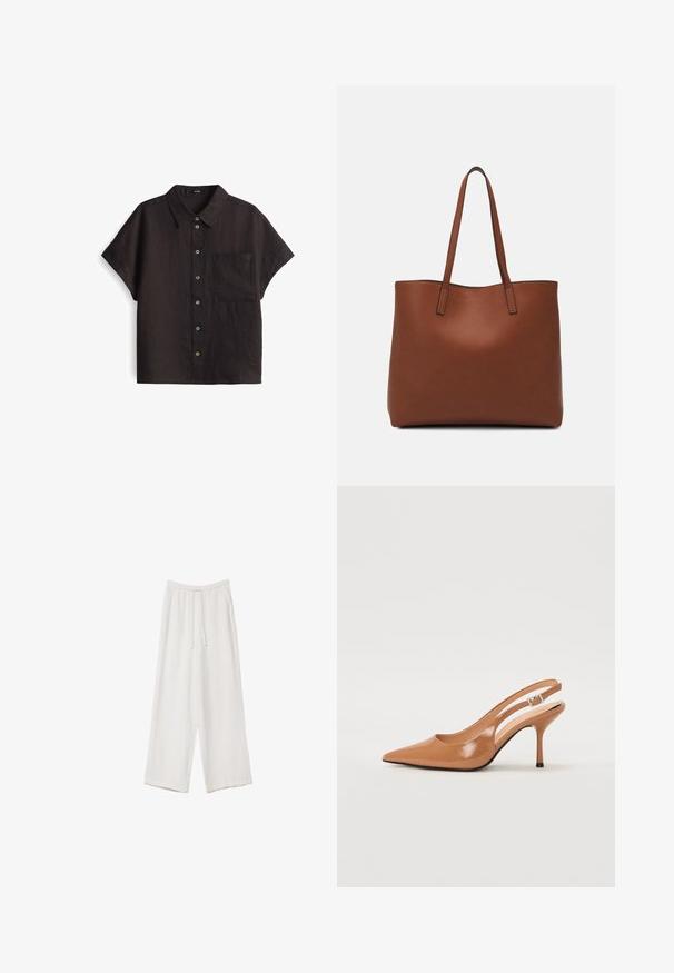 Schwarzes Leinenhemd mit kurzen Ärmeln und durchgehender Knopfleiste, ausgestattet mit einer einzigen Brusttasche und kontrastierenden Knopf-Farben.; Weiße weit geschnittene Hose aus leichtem Stoff. Mit einem elastischen Bund und Kordelzug sowie Seitentaschen. Glatte Textur.; Spitz zulaufender Slingback-Absatz aus einem glatten, glänzenden, tanfarbenen Material. Mit einem geschwungenen Ausschnitt-Design und einem schlanken Stiletto-Absatz. Silberne Schnallendetails.; Braune Leder-Tote mit glatter Textur, offenem Oberteil und zwei Schulterriemen. Verfügt über minimale Nähte und keine sichtbaren Beschläge.