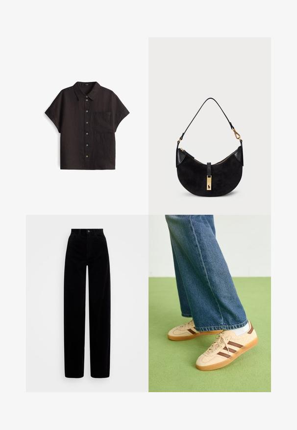 Czarna lniana koszula z krótkim rękawem, z zapięciem na guziki z przodu, wyposażona w jedną kieszeń na piersi oraz kontrastowe kolory guzików.; Czarne spodnie w pudełkowym kroju z wysokim stanem, szerokimi nogawkami oraz pojedynczym zapięciem na guzik z przodu. Gładka struktura z pionowymi żłobieniami.; Beżowe sneakersy z fakturowanymi kremowymi panelami i brązowymi paskami, w połączeniu z niebieskimi dżinsami. Dżinsy mają szerokie nogawki i postrzępione wykończenie.; Czarna torebka o zaokrąglonym kształcie, wykonana z zamszu i skóry, z metalowym zamkiem w kolorze złotym oraz detalem z logo. Posiada krótki uchwyt.