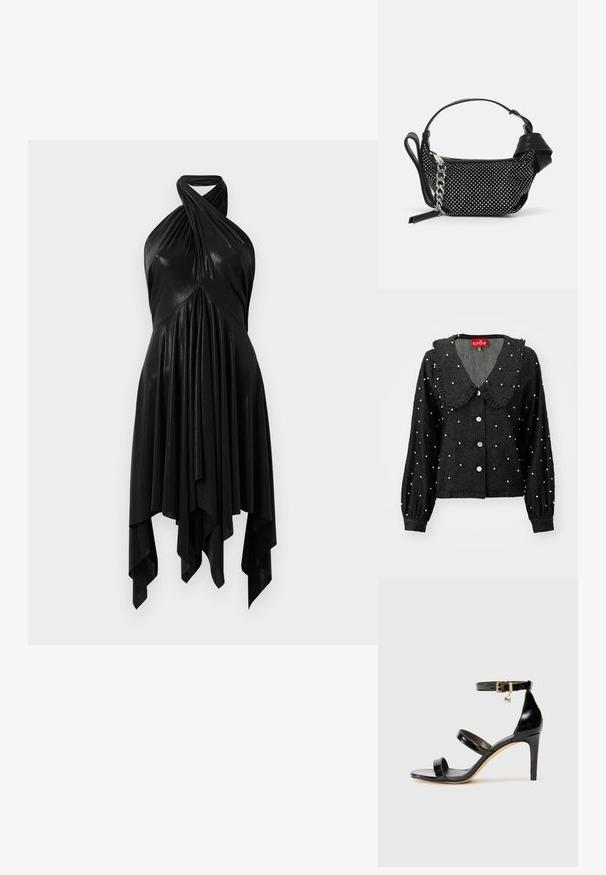 Czarna kurtka z okrągłym kołnierzem, detalami w postaci falbanek, ozdobami przypominającymi perły, wzorem w diamenciki oraz zapięciem na guziki z przodu. Długie rękawy z marszczonymi mankietami.; Czarna sukienka na halter z drapowanym wzorem. Wykonana z błyszczącego materiału, z skręconym dekoltem i asymetrycznym dołem. Gładka tekstura.; Czarne lakierowane sandały na paski z trzema paskami, zapięciem na kostce i 10-centymetrowym obcasem w szpilce. Zawierają złote detale oraz zawieszkę z logo.; Czarna torebka z ćwiekowanymi zdobieniami, łańcuszkowym paskiem i gładkim skórzanym uchwytem, o zaokrąglonym kształcie i zamykanej kieszeni.