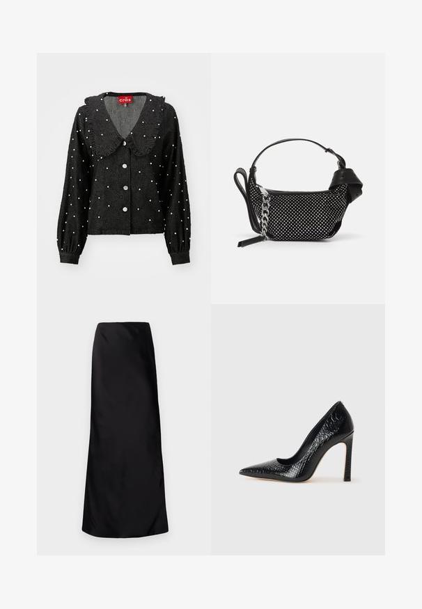 Sort jakke med rund krave, flæsedetalje, perle-lignende pynt, diamantmønster og knaplukning foran. Lange ærmer med hævede manchetter.; Norma Kamali BIAS OBIE SKIRT - Maxinederdele - black; Sorte spidse tå stiletto-sko i krokodilleskind med et strømlinet design, høj hæl og glat sort inderside.; Sort håndtaske med naglede dekorationer, en kædestrop og et glat læderhåndtag, med en rund form og en lynlåslomme.