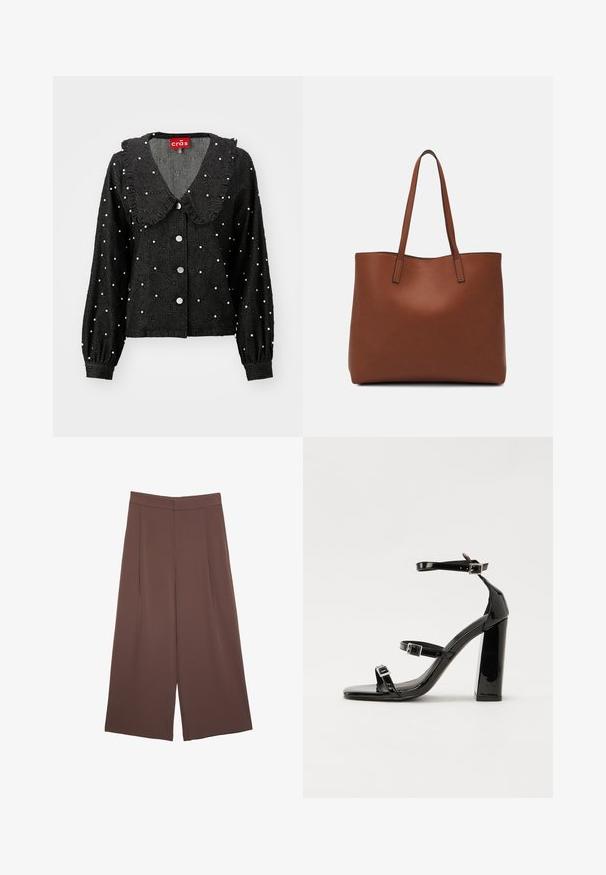 Giacca nera con colletto arrotondato, dettagli con volant, decorazioni simili a perle, motivo a diamante e chiusura frontale con bottoni. Maniche lunghe con polsini arricciati.; Pantaloni ampi marroni con una texture liscia, caratterizzati da una vita alta e pieghe frontali. Il tessuto è leggero e scorre liberamente.; Sandali con tacco in vernice nera, con punta squadrata, cinturini alla caviglia e fibbie in argento. Presentano un tacco a blocco spesso per maggiore stabilità.; Borsa tote in pelle marrone con texture liscia, design con apertura superiore e due spallacci. Presenta cuciture minime e nessun hardware visibile.