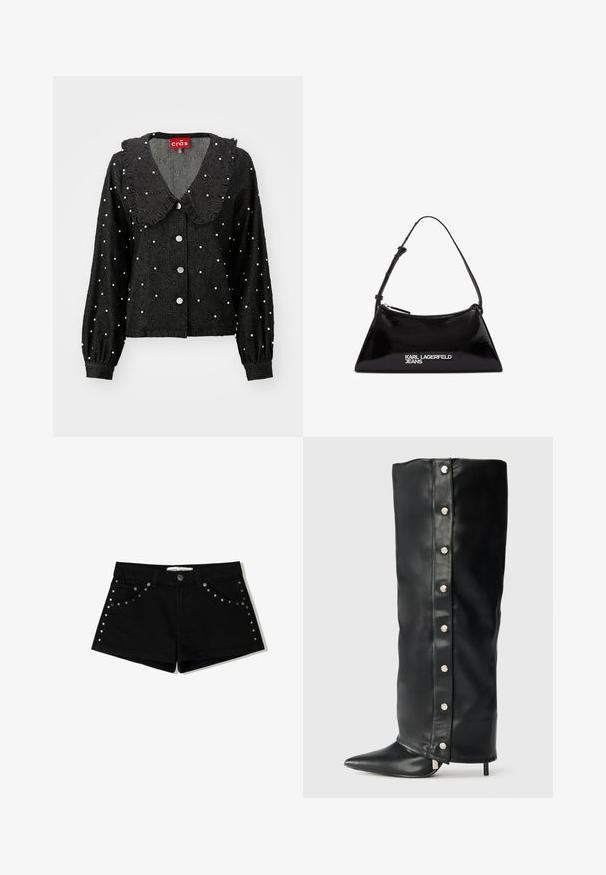 Černá bunda se zaobleným límcem, detaily s volánky, perlovými ozdobami, diamantovým vzorem a zapínáním na knoflíky. Dlouhé rukávy s nařasenými manžetami.; Černé džíny šortky s zapínáním na knoflík, které mají na předních kapsách a bočních švech zdobení hroty. Krátká délka a klasický střih.; Černé kožené vysoké boty na podpatku s přiléhavým střihem, špičatou špičkou a stříbrnými patentkami po straně.; Černá kabelka z lakované kůže s trojúhelníkovým tvarem, vybavená horním zipem a nastavitelným popruhem. Logo "KARL LAGERFELD JEANS" v stříbrné barvě.