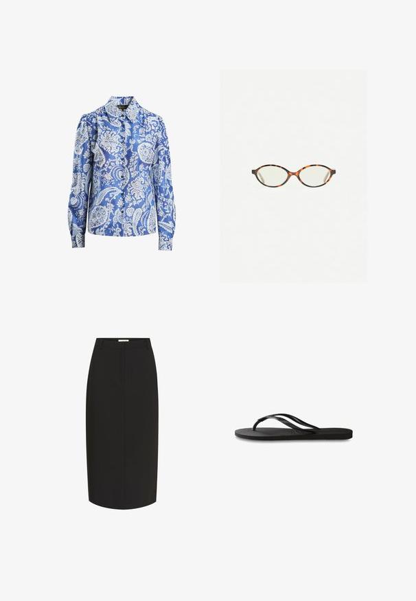 Blå mønstret bluse i silke, med et floral paisley design, lange ærmer, knaplukning og en klassisk krave.; Sorte blyantskirt lavet af glat stof, med en tætsiddende silhuet, knælangt design og forreste skrålommer.; Sorte flip-flop med en tekstureret gummisål, to slanke stropper og et subtilt, præget logodetalje på stroppen.; Skildpaddebriller med ovale linser og en elegant, glat finish. Har tynde sider med en subtil kurve ved tindingerne. Klare linser.