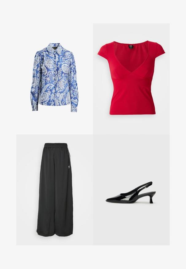 Zila ziedu paisley raksta blūze no zīda, ar garām piedurknēm, pogu aizdari un klasisku apkakli.; Sarkana pieguļoša sieviešu īsām piedurknēm blūze ar dziļu V-veida kakla izgriezumu un nelielu savilkumu zem krūšu līnijas uz vienkārša fona.; Melni brīvi pieguļoši sporta bikses, kas izgatavotas no maigas auduma. Iespējas ietver elastīgu jostasvietu un sānu svītras ar logo akcentiem.; Melnas patentētas ādas siksniņu kurpes ar asu purngalu un zemu blokveida papēdi. Regulējama sprādze pie potītes.