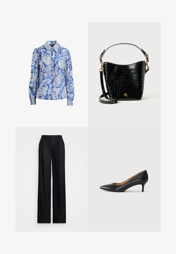 Mėlyna šilkine bliuska su gėlių paisley raštu, ilgos rankovės, mygtukų uždarymas ir klasikinis apykaklė.; Juoda plati kelnė su lygiu paviršiumi, plokščiu priekiu, diržo kilpos ir vienu mygtukiniu užsegimu juosmens. ; Juodos odinės aukštakulnės bateliai su smailiu nosiu, žemu kulnu ir lygiu paviršiumi. Priekyje yra nedidelis atvirumas, o gale minimalus apdaila.; Juodas krokodilo rašto odinis krepšys su lenkta forma, auksiniais aksesuarais, reguliuojama juosta ir logotipo detale priekyje.
