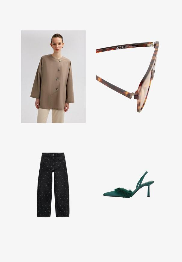 Chemise boutonnée de style béret en beige, avec de grands boutons, un col rond et des manches larges, confectionnée en tissu doux et lisse.; Jean en denim noir à jambe large, ornés d'un motif de petits œillets en acier inoxydable, avec un design classique à cinq poches et une fermeture à bouton.; Pompe slingback en satin bleu sarcelle avec un bout pointu, ornée d'un accent duveteux bleu sarcelle sur le devant du pied et d'un fin talon aiguille.; Lunettes de soleil à motif écaille de tortue avec verres marron, monture en plastique et légers accents métalliques sur les charnières. Fabriquées en Chine.