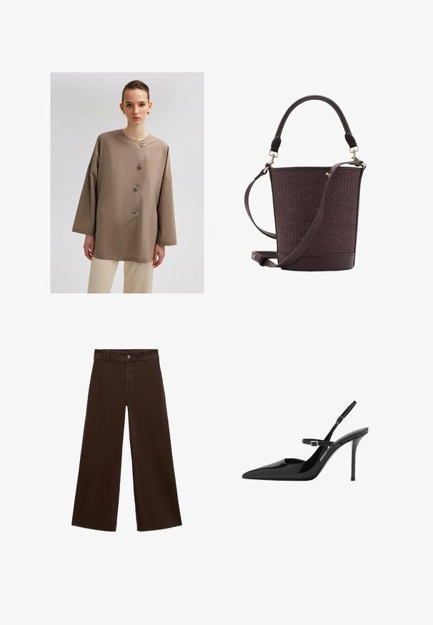 Beige Button-Up-Shirt im Beanie-Stil mit großen Knöpfen, rundem Ausschnitt und weiten Ärmeln, gefertigt aus weichem, glattem Material.; Braune, weit geschnittene Hosen aus Baumwollmischung mit fransigem Saum, vorderem Knopfverschluss und klassischem Fünf-Taschen-Design. Minimalistisch und vielseitig.; Schwarze Lackleder Slingback-High Heels mit spitzem Zeh, verstellbarem Riemen und Stiletto-Absatz. Glatte Oberfläche mit glänzendem Finish.; Braune geflochtene Eimer-Tasche mit einem glatten Lederboden, einem oberen Griff und einem verstellbaren Schulterriemen. Verfügt über goldfarbene Hardware-Akzente.