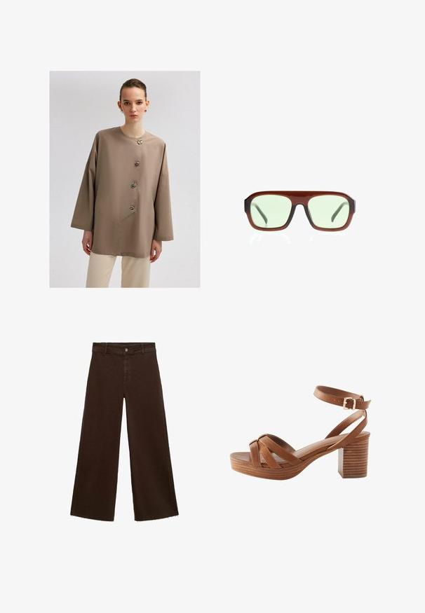 Beige button-up shirt in beanie-stijl, met grote knopen, een ronde halslijn en wijde mouwen, gemaakt van zachte, gladde stof.; Bruine wijde broek in katoenmix, met een rafelige zoom, sluiting met een knoop aan de voorkant en een klassieke vijf-pocketstijl. Minimalistisch en veelzijdig.; Next Sandalen met plateauzool - tan brown; Bruine plastic zonnebril met rechthoekige montuur en lichtgroene lenzen, met dikke steunen en een glanzende afwerking.