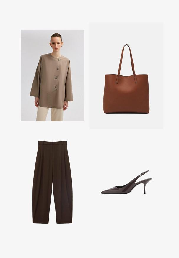 Cămașă cu nasturi în stil beanie, de culoare bej, cu nasturi mari, guler rotund și mâneci largi, realizată dintr-un material moale și neted.; Pantaloni maronii cu talie înaltă, cu pliuri, confecționați dintr-un material neted. Croi lejer, model cu picior drept, având bucle pentru curea și închidere cu fermoar.; Tocuri cu vârf ascuțit, din piele patent de culoare maro închis, având un toc înalt subțire și o curea ajustabilă pentru gleznă cu cataramă.; Geantă de umăr din piele maro cu o textură netedă, design cu vârf deschis și două curele pentru umăr. Prezintă cusături minime și fără componente metalice vizibile.