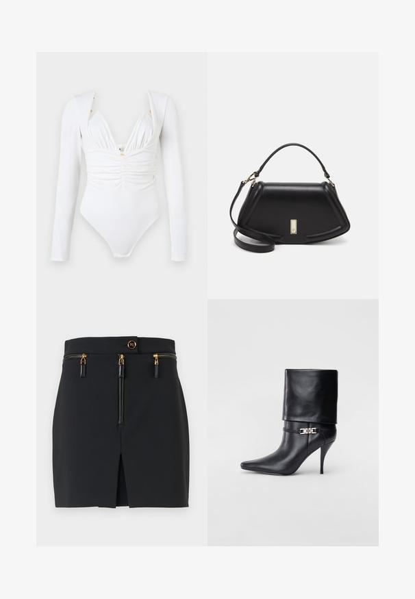 Bodysuit blanco de manga larga con fruncido en la parte delantera, escote en V profundo y sutiles adornos dorados en los hombros. Tela suave y elástica.; Mini falda negra con un corte estructurado, que presenta herrajes dorados, dos bolsillos con cremallera y una abertura frontal para un detalle adicional.; Botín de cuero negro hasta el tobillo con punta afilada, tacón alto de aguja, puño doblado y un detalle decorativo de hebilla dorada en el tobillo.; Bolso de mano de cuero negro con un diseño estructurado, que presenta una forma recortada, asa superior y acentos en dorado. Correa de hombro ajustable incluida.