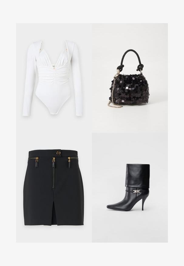 Long-sleeve white bodysuit with ruched front, deep V-neckline, and subtle golden embellishments at the shoulders. Smooth, stretchy fabric.; Black mini skirt with a structured fit, featuring gold hardware, two zippered pockets, and a front slit for added detail.; Black leather ankle boot with a pointed toe, high stiletto heel, fold-over cuff, and a gold decorative buckle detail on the ankle.; Black sequin mini handbag with a knotted textured strap and silver chain. Rounded shape with gathered top and reflective detailing.