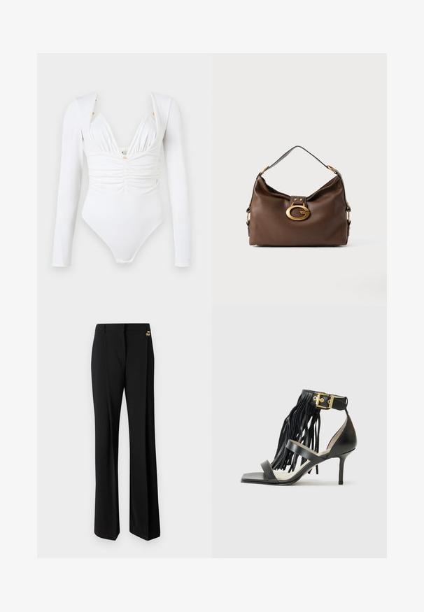 Bodysuit blanc à manches longues avec un devant froncé, un décolleté en V profond et de subtils embellissements dorés aux épaules. Tissu lisse et extensible.; Pantalons larges noirs en tissu lisse, au design ajusté, avec des accents en métal doré à la taille.; Sandale noire à talons hauts avec des franges, bride de cheville avec quincaillerie dorée, bout carré plat et deux brides croisées sur l'empeigne.; Sac à main en cuir marron avec une finition texturée, doté d'une fermeture en métal doré et d'une seule anse arrondie.