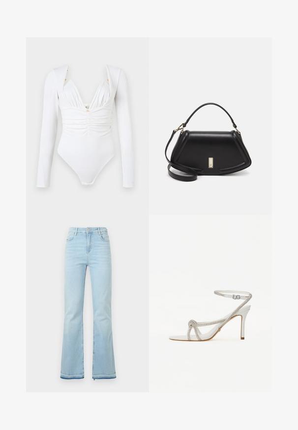 Ilga rankovė balta bodžio su raukšlėmis priekyje, gilia V formos iškirpte ir subtiliais auksiniais akcentais ant pečių. Lygi, elastinga medžiaga.; Šviesiai mėlyni, platėjantys džinsai pagaminti iš denimo, su aukštu juosmeniu, priekinėmis kišenėmis ir nelygiais apačiais, suteikiančiais kasdišką išvaizdą.; Baltos aukštakulnės šlepetės su tekstūruota dirželiu, puoštu krištolo akmenimis, atvira pirštų dalimi ir kulkšnies dirželiu su reguliuojama sagtimi.; Juoda odinė rankinė su struktūrizuotu dizainu, turi trumpą formą, viršutinę rankeną ir auksinius akcentus. Pridėtas reguliuojamas peties diržas.