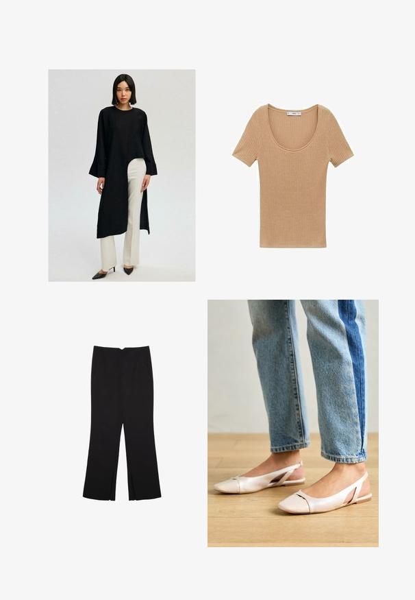 Czarna tunika z długim rękawem i asymetrycznym dołem, zestawiona z białymi spodniami o szerokich nogawkach. Ubranie charakteryzuje się luźnym krojem i wykonane jest z miękkiego materiału.; Beżowa, prążkowana bluzka z krótkim rękawem, o okrągłym dekolcie i miękkiej fakturze, z dopasowanym krojem podkreślającym sylwetkę i kontury.; Czarne spodnie o prostym kroju, z przednimi kieszeniami i bocznymi rozcięciami na dole. Wykonane z miękkiego, gładkiego materiału. Odpowiednie na różne okazje.; Jasnoróżowe baleriny na odkrytej pięcie z wąskim noskiem, wykonane z gładkiego materiału imitującego skórę. Posiadają wycięcia po bokach oraz płaski obcas.