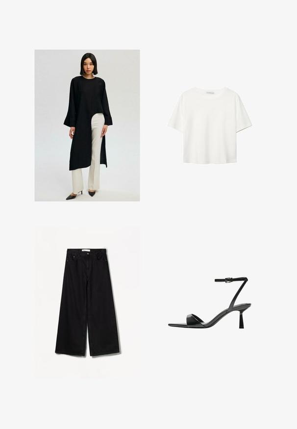 Black long-sleeve tunic with a high-low hem, paired with white wide-leg pants. The outfit features a relaxed fit and is made from a soft fabric.; White short-sleeve t-shirt made of cotton. Features a crew neckline and a relaxed fit. Smooth texture with no visible patterns or accents.; Bershka WIDE-LEG - Wide Leg - black; Bershka High heeled sandals - black