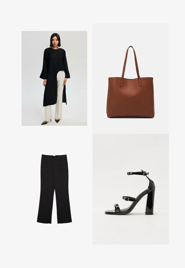 Czarna tunika z długim rękawem i asymetrycznym dołem, zestawiona z białymi spodniami o szerokich nogawkach. Ubranie charakteryzuje się luźnym krojem i wykonane jest z miękkiego materiału.; Czarne spodnie o prostym kroju, z przednimi kieszeniami i bocznymi rozcięciami na dole. Wykonane z miękkiego, gładkiego materiału. Odpowiednie na różne okazje.; Czarne lakierowane sandały na obcasie z kwadratowym noskiem, z paskami wokół kostki i srebrnymi klamrami. Posiadają masywny słupek dla stabilności.; Brązowa skórzana torba tote o gładkiej fakturze, z otwartym wierzchem i dwoma ramiączkami. Charakteryzuje się minimalnym przeszyciem i brakiem widocznych elementów metalowych.
