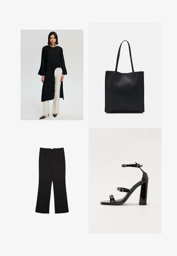 Crna tunika dugih rukava s asimetričnom svežom, u kombinaciji s bijelim hlačama širokog kroja. Odijelo ima opušteni kroj i izrađeno je od mekanog materijala.; Crne hlače ravnog kroja, s prednjim džepovima i bočnim prorezima na rubu. Izrađene od mekog i glatkog materijala. Pogodne za razne prigode.; Crne lakirane sandale na pete sa kvadratnim nosom, trakama oko gležnja i srebrnim kopčama. Imaju čvrst blok petu za stabilnost.; Crna kožna torba za nošenje s glatkom teksturom, pravokutnim oblikom i dvije duge ručke. Nema vidljivih metalnih dijelova ili ukrasa.