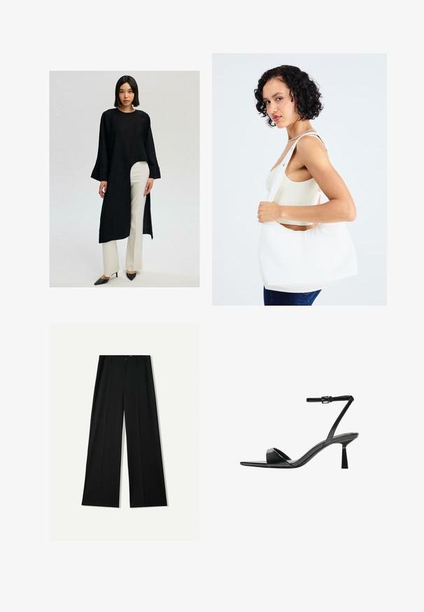 Musta pitkähihaine tunika, jossa on korkea-alareuna, yhdistettynä valkoisiin leveälahkeisiin housuihin. Asu on rentoa muotoilua ja valmistettu pehmeästä kankaasta.; Bershka WIDE - Housut - black; Bershka Korolliset sandaalit - black; Valkoinen olkalaukku, joka on valmistettu sileästä materiaalista, ja siinä on soikioaukko sekä leveä olkaremmi. Yksinkertainen ja moderni, ilman näkyvää metalliosaa.