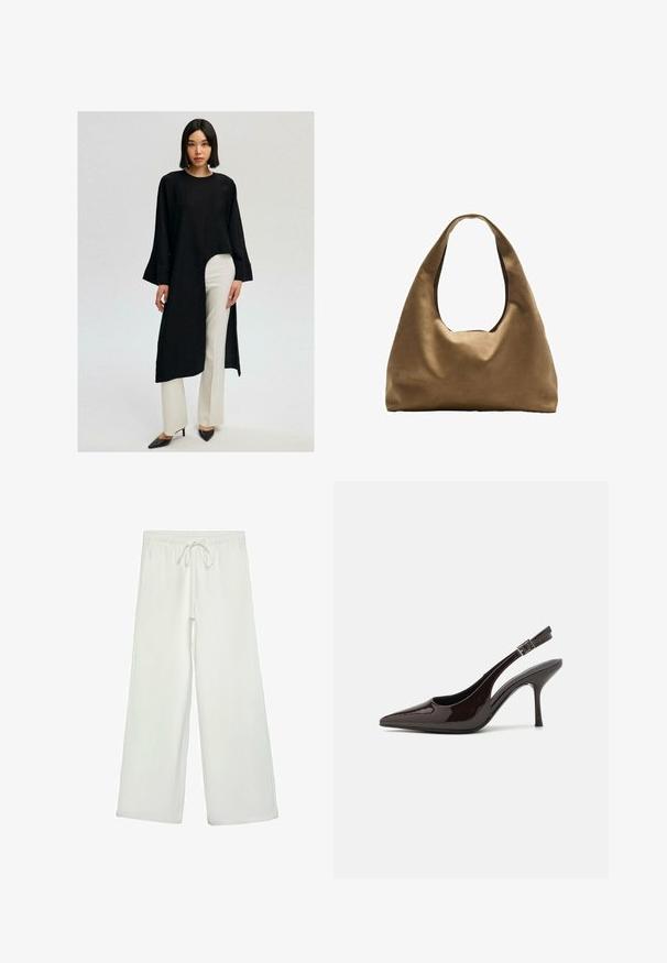 Crna tunika dugih rukava s asimetričnom svežom, u kombinaciji s bijelim hlačama širokog kroja. Odijelo ima opušteni kroj i izrađeno je od mekanog materijala.; Bijele hlače širokog kroja od mekog materijala. Imaju elastični pojas s vezicom i glatku teksturu. Nema vidljivih uzoraka ili metalnih dijelova.; Sandalice na visokom potpetici od sjajnog tamnosmeđeg lakiranog kože, s oštrim vrhom, otvorenim stranama i podesivom naramenicom.; Smeđa platnena torba za rame s širokim, zaobljenim tijelom i velikim izrezanim drškom. Mekana tekstura, minimalistički dizajn i bez vidljivog hardvera.