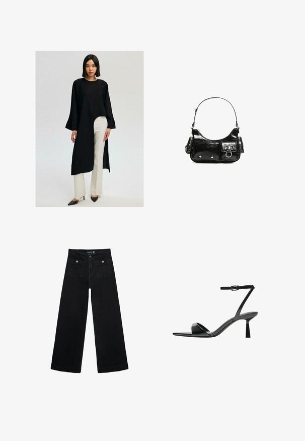 Svart långärmad tunika med hög-lågt fåll, tillsammans med vita vida byxor. Outfiten har en avslappnad passform och är tillverkad av ett mjukt tyg.; Svart vida jeans med hög midja, med två framfickor och metalldetaljer i form av knappar. Tyget har en mjuk textur.; Bershka Sandaletter - black; Svart lackläderhandväska med en rundad form, en axelrem, framfickor och detaljer i silverfärg.