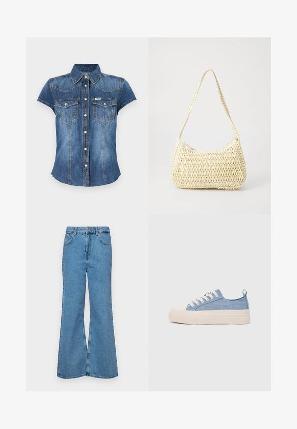 Denim shirt with a dark blue wash, short sleeves, snap buttons, two chest pockets, and visible stitching details along the shoulders.; Light blue flared jeans made of denim, featuring a high waist, five pockets, and a single button closure. Soft texture with faded finish.; Light blue canvas sneakers with a cream rubber toe cap and outsole, featuring white laces and a pull tab on the heel.; Woven beige shoulder bag with a curved shape and long, braided strap. Features a textured surface and a zipper closure on the side.
