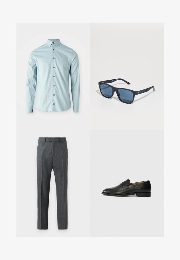 Lyseblå langermet skjorte laget av glatt stoff, med spiss krage og seks mørke knapper foran.; Grå skreddersydde bukser med et fint rutemønster, rett ben design og en jevn stofftekstur. Har beltehemper og glidelås.; Svart skinnloafer med rund tå, subtilt sydd detaljering og lav hæl, med en glatt tekstur og minimalistisk design.; Blå rektangulære solbriller med mørke linser, matt marineblå ramme, logo-detajler på stengene, rette armer og en solid, glatt tekstur.