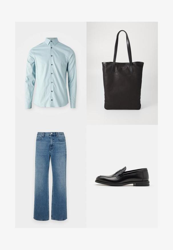 Vaaleansininen pitkähihaisen paidan, joka on valmistettu sileästä kankaasta ja jossa on terävä kaulus sekä kuusi tummaa nappia edessä.; Levelederg blå jeans laget av denim med en falmet finish. Har fem lommer, glidelås foran og rett snitt.; Mustat nahkakengät, joissa on sileä pinta, pyöreä kärki ja koristeellinen nauha jalkapöydän yli. Matala pinoitu koroke, minimalistinen muotoilu.; Mustat kangaskassit mustilla nahkahandleilla. Yksinkertainen muotoilu, tilava runko ja sileä pinta. Ei näkyviä logoja tai kuvioita.