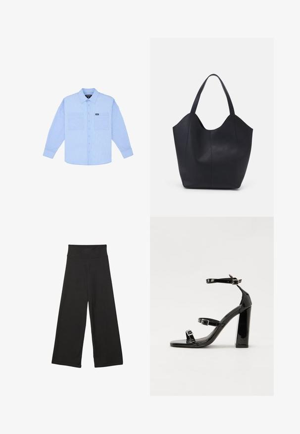 Hellblaues Hemd mit Knopfleiste und vertikalen weißen Streifen, zwei vorderen Taschen und klassischem Kragen. Hergestellt aus gewebtem Stoff mit einer weichen Textur.; Schwarze weit geschnittene Hosen mit einem hohen elastischen Bund, weichem Stoff und lockerer Passform, geeignet für legere Anlässe oder entspannte Umgebungen.; Schwarze patentierte Sandalen mit Absatz, quadratischer Spitze, Knöchelriemen und silbernen Schnallen. Mit einem stabilen Blockabsatz für mehr Stabilität.; Schwarze Tote-Bag aus glattem Leder, mit einem abgerundeten, offenen Oberteil, zwei Schulterträgern und einem minimalistischen Design.