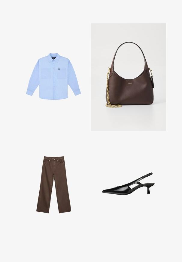Vaaleansininen nappipaita, jossa on pystysuorat valkoiset raidat, kaksi etutaskua ja klassinen kaulus. Valmistettu kudotusta kankaasta, jolla on pehmeä rakenne.; Leviittävät ruskeat farkut, jotka on valmistettu denimistä, korkea vyötärö, etutaskut ja klassinen nappikiinnitys. Silkkinen pinta hienovaraisella ompelutyöllä.; Mustat lakatut nahkakengät, joissa on viistopää, leikattu sivusuunnassa ja pieni neliökoroke. Sujuva pinta, jossa on minimaalinen koristelu.; COACH BROOKLYN SHOULDER BAG 23 - Käsilaukku - maple