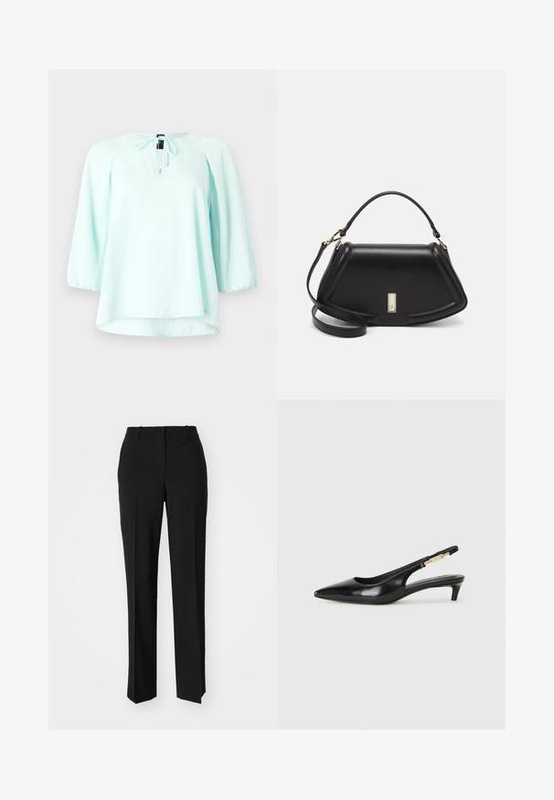 Vaalean mintunvihreä paita, jossa on kolme neljäsosaa hihat, pyöreä pääntie, naruakorit ja hieman kaareva helma. Sileä kankaan rakenne.; Mustat räätälöidyt housut suoraa lahjetta, joissa on sileä pinta ja terävät taitteet edessä. Ei näkyvää metalliosaa.; Mustat nahkaiset slingback-korkokengät, joissa on terävä kärki, ohuet korot ja kultasävytteinen yksityiskohta säädettävässä hihnassa. Silkkinen pinta.; Mustalla nahkalaukulla, jossa on jämäkkä muotoilu, lyhyt malli, yläkahva ja kultaiset yksityiskohdat. Säädettävä olkahihna sisältyy.