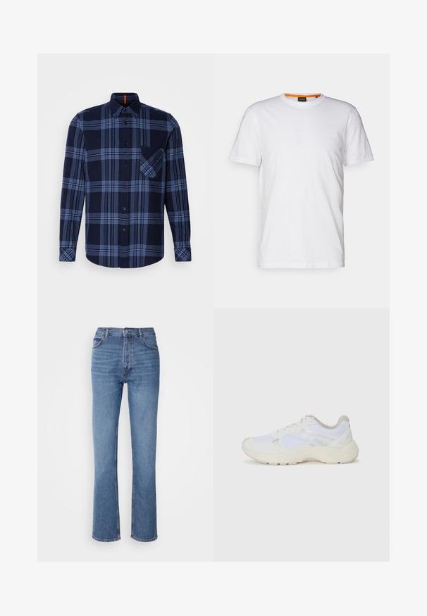 Camisa xadrez azul marinho de mangas longas, com linhas horizontais e verticais em azul claro, e um bolso no peito do lado esquerdo.; T-shirt de algodão branco com decote redondo, mangas curtas e um logo em relevo discreto no peito. A etiqueta interior tem um detalhe laranja.; Jeans de ganga azuis com cintura alta, design de perna reta e um desbotado subtil. Apresenta o clássico estilo de cinco bolsos e um fecho com fecho éclair.; Ténis brancos desportivos feitos de malha e camurça, com uma entressola texturizada, elementos texturizados e o logótipo "HUGO" na lateral.