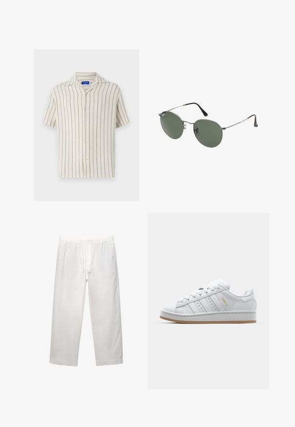 Krátký rukáv košile v krémové barvě s jemnými vertikálními pruhy. Disponuje zapínáním na knoflíky vpředu a klasickým límcem, vyrobená z texturované látky.; Bílý bavlněný tričko s krátkými rukávy, klasickým kulatým výstřihem a volným střihem. Hladká textura bez viditelných vzorů nebo akcentů.; Bílé lněné kalhoty s elastickým pasem a stahovací šňůrkou, širokým střihem a čistými švy. Hladká textura s volnějším střihem.; Bílé tenisky s perforovaným designem tří pruhů, texturovanými detaily, gumovou podrážkou a zlatým logem "CAMPUS" po straně.; Sluneční brýle s kovovým rámem a oválnými zelenými skly. Tenký stříbrný kovový rám a černé chrániče uší. Minimalistický design, žádné viditelné logo.
