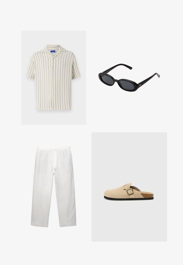 Camicia a maniche corte color crema con fini righe verticali. Presenta una chiusura frontale con bottoni e un colletto classico, realizzata in tessuto texture.; Pantaloni bianchi in lino con cintura elastica e cordoncino, design a gamba ampia e cuciture pulite. Texture liscia con vestibilità casual.; Zoccoli beige in suede con piede in sughero, punta rotonda e una semplice fascia con una fibbia dorata. Suola in gomma per una buona aderenza.; Occhiali da sole neri oversize con lenti ovali, montatura in plastica liscia e accenti dorati sulle tempie. Le lenti scure offrono protezione dal sole.